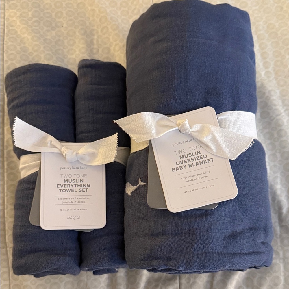 Pottery Barn Kids Blue Muslin Blanket and Towel Set